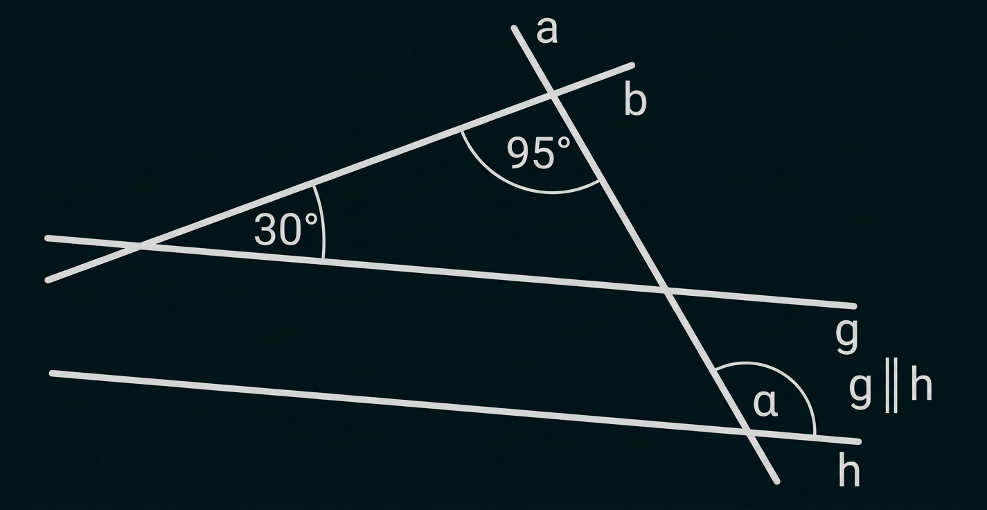 Geometrische Skizze mit parallelen Geraden g und h, Transversalen a und b sowie den Winkeln 30°, 95° und α.